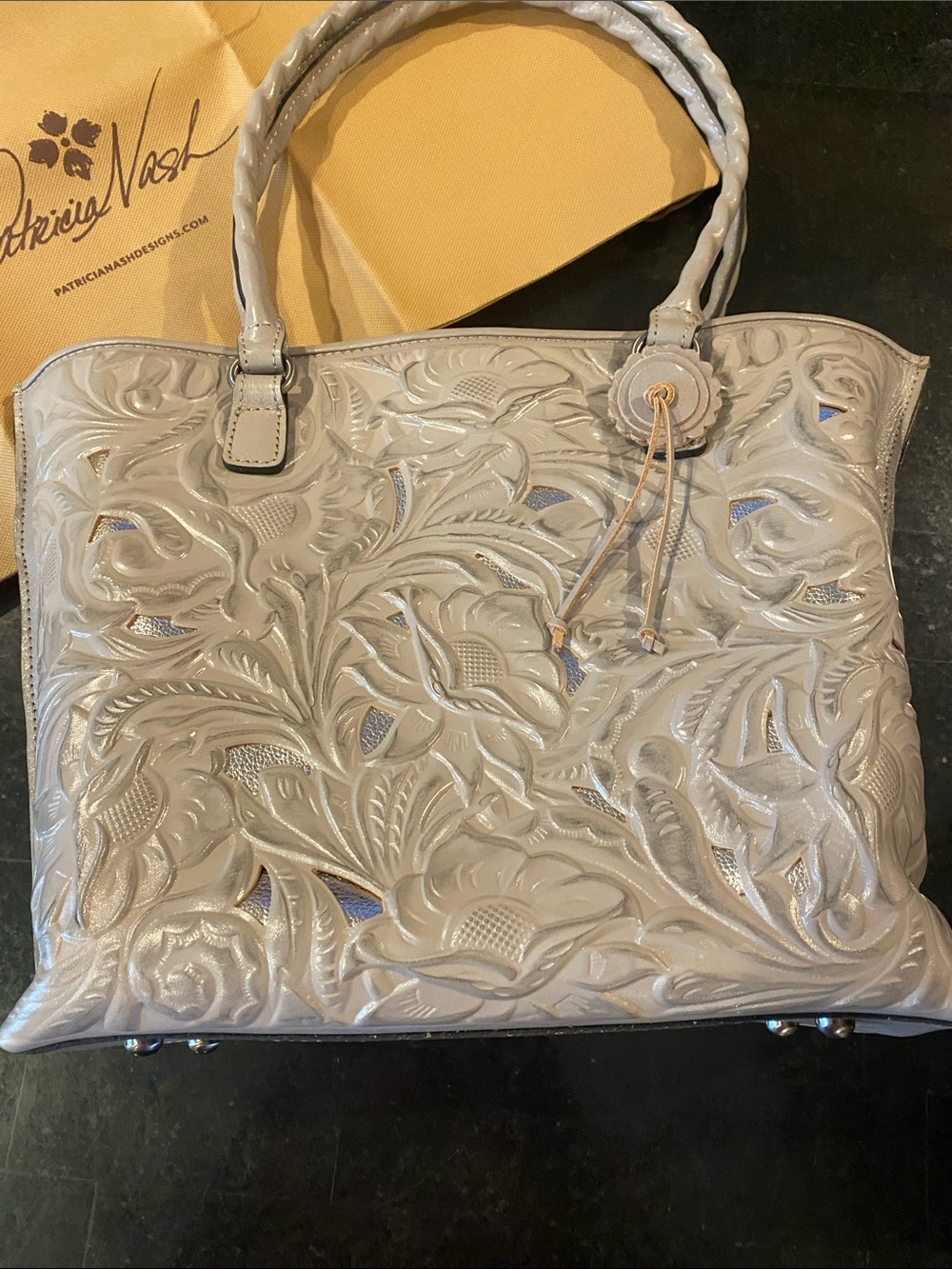 NWOT Patricia Nash Silver Floral Embossed Leather Tote with Braided Handles - Picture 2 of 11